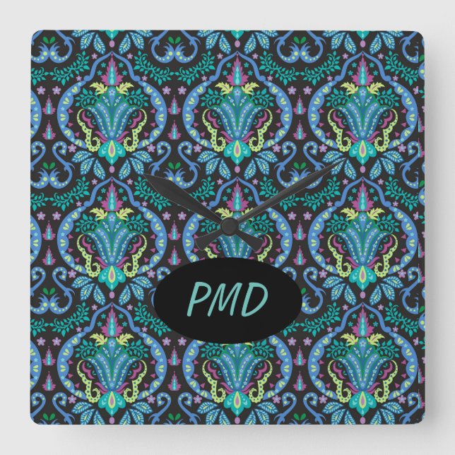 Modern Damask Art Deco Black Turcos Blue Namn Fyrkantig Klocka (Framsida)