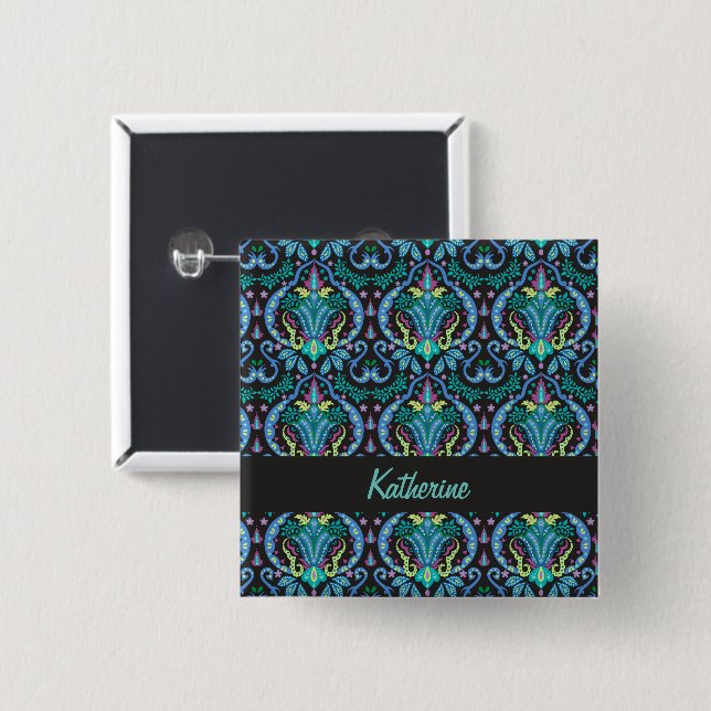 Modern Damask Art Deco Black Turcos Blue Namn Knapp (Framsida & baksida)