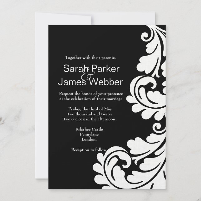 Modern Damask Black and White Wedding-inbjudan Inbjudningar (Framsida)