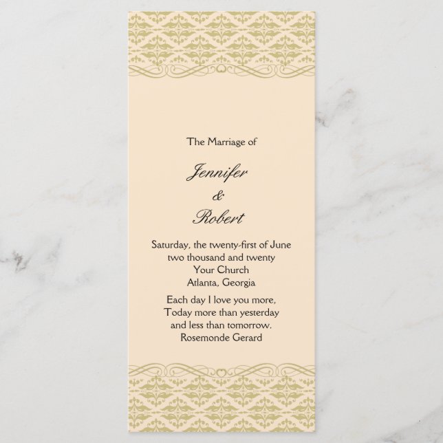 Modern Damask i Bröllopsprogrammet Guld i Elfenben Program (Framsida)