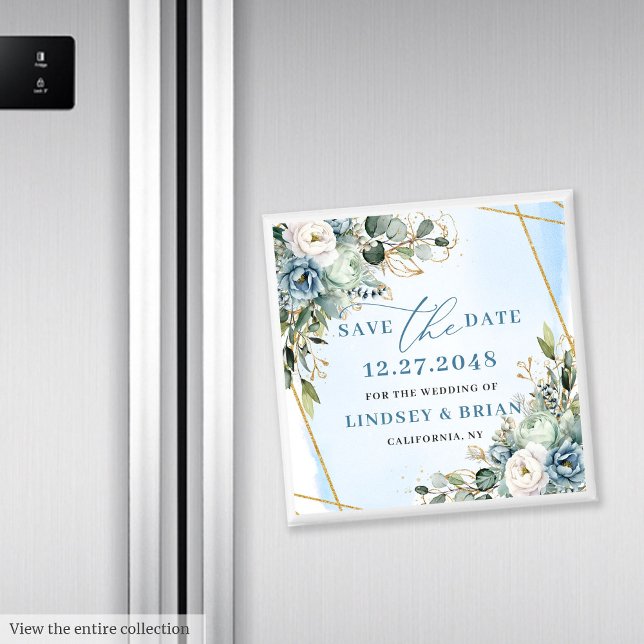 Modern Damblå Blommig Guld Save the Date Magnet (Modern Dusty Blue Floral Gold Save the Date Magnet)
