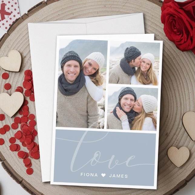 Modern Damblå Fotokollage Kärlek Personlig Helgkort (Modern Dusty Red Photo Collage Love Personalized Holiday Card)