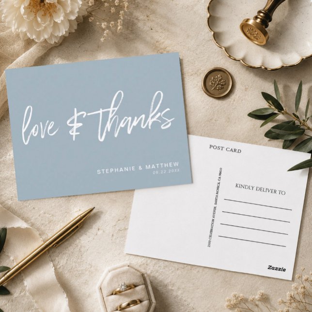 Modern Damblå Kärlek och Tacksamhet Bröllop Vykort (Send a beautifully sophisticated and budget-friendly note of appreciation with this modern blue)