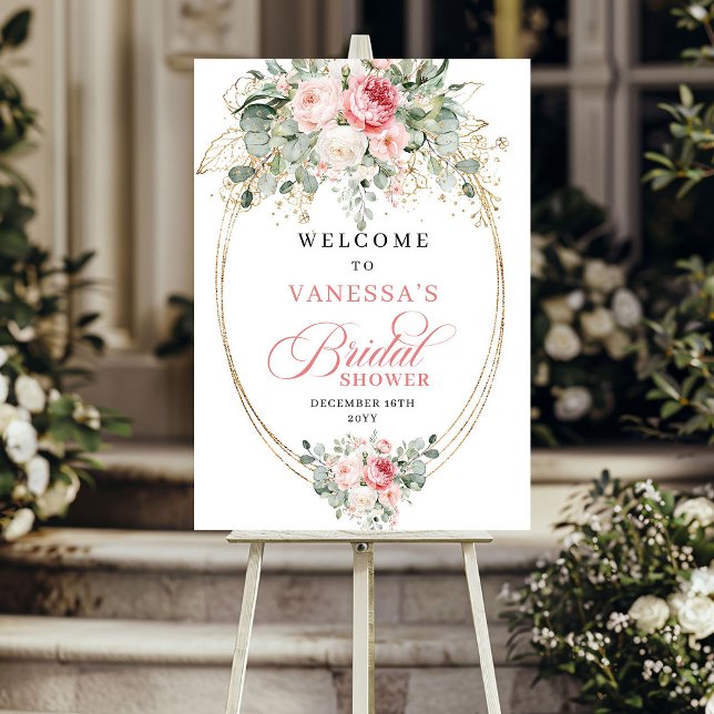 Modern Damigrosa Blommig Minimalistisk Bröllopsfes Poster (Modern Dusty Pink Floral Minimalist Bridal Shower Welcome)