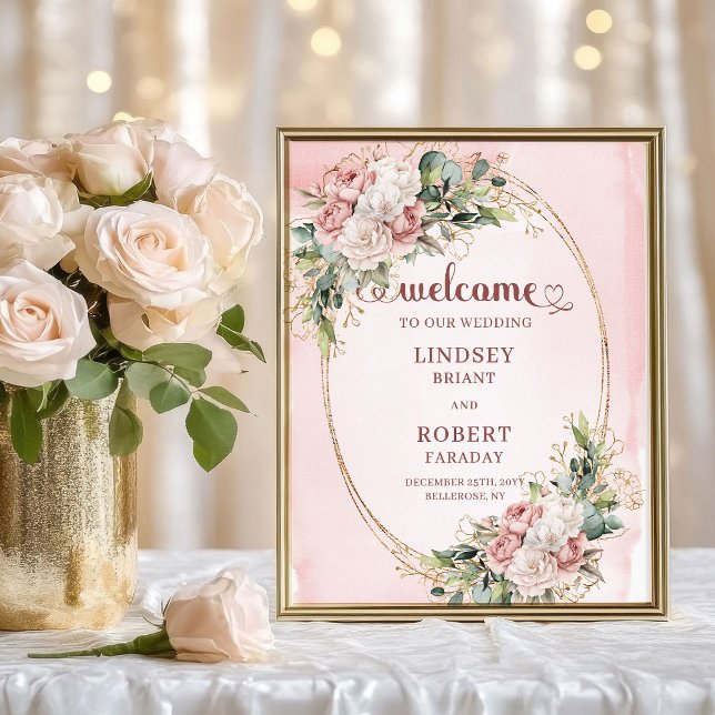 Modern Damigul Rosa Blommig Guld Glitter Välkomsts Poster (Modern Dusty Pink Floral Gold Glitter Welcome Sign)