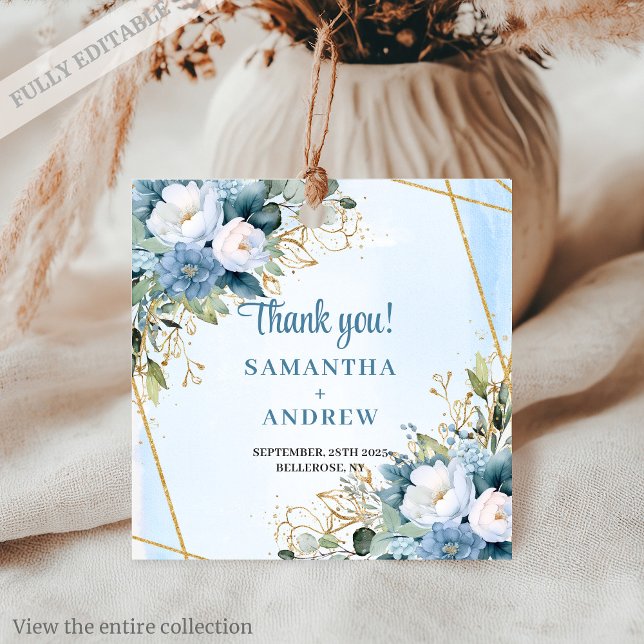 Modern Dammblå Grönska Guld Bröllopspresentetikett Gåvor Etiketter (Modern Dusty Blue Greenery Gold Wedding Favor Tag)