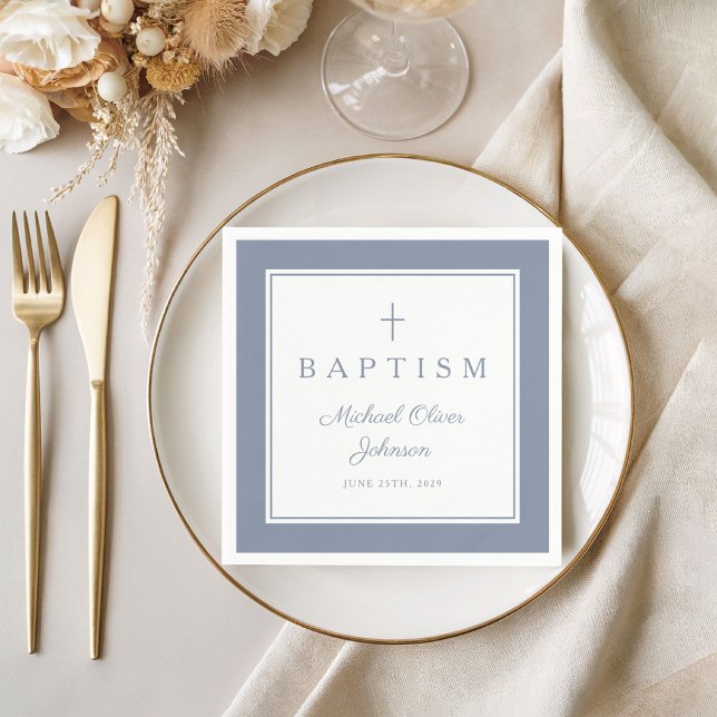 Modern Dammblå Religiös Kors Pojke Dop Pappersservett (Modern Dusty Blue Religius Cross Boy Baptism Napkins)