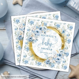 Modern dammig babydusch i blåa blommor guld pappersservett