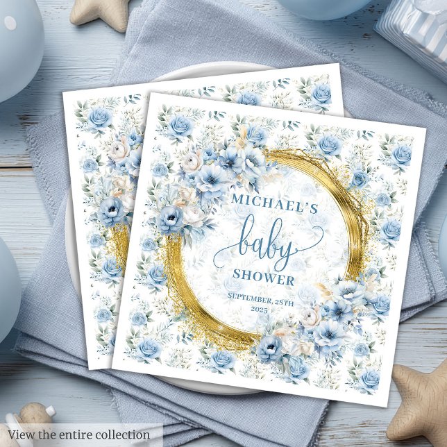 Modern dammig babydusch i blåa blommor guld pappersservett (Modern dusty blue flowers gold boy baby shower Paper Dinner Napkins)