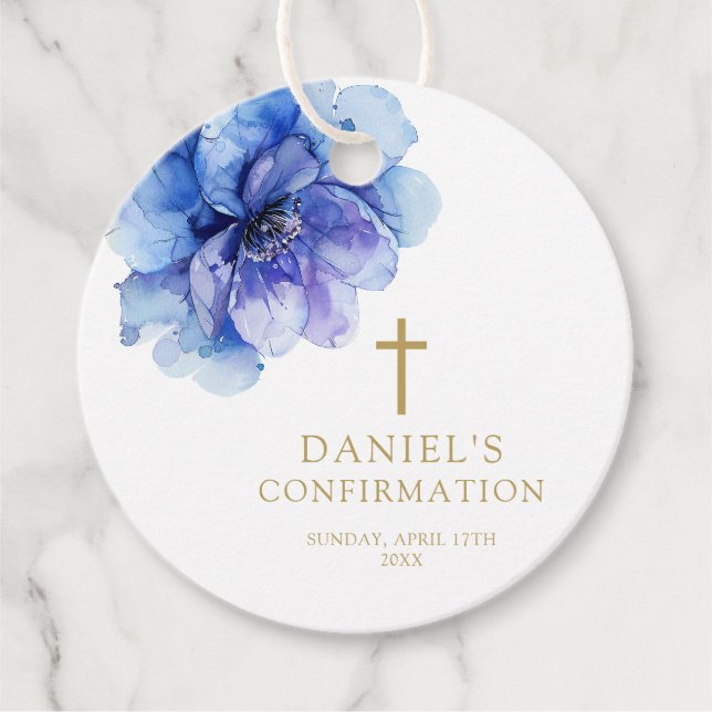 Modern dammig blå akvarell blomsterbekräftelse gåvor etiketter (Framsida)