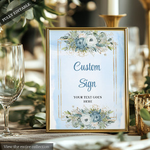 Modern dammig blå blommig guld glitter vigselskylt poster