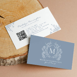 Modern dammig blå blommig vapensköld monogram QR-k Visitkort