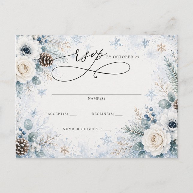 Modern Dammig Blå Blommig VinterHoch RSVP Vykort (Framsida)
