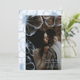 Modern dammig blå blomsterfoto elegant bröllop spara datumet