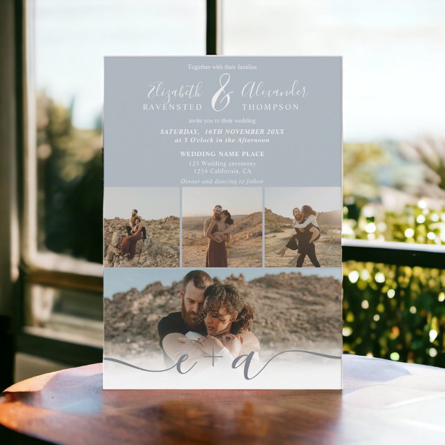Modern dammig blå chic 5 Foton, skript bröllop Inbjudningar (Modern dusty blue chic 5 Photos script wedding Invitation)