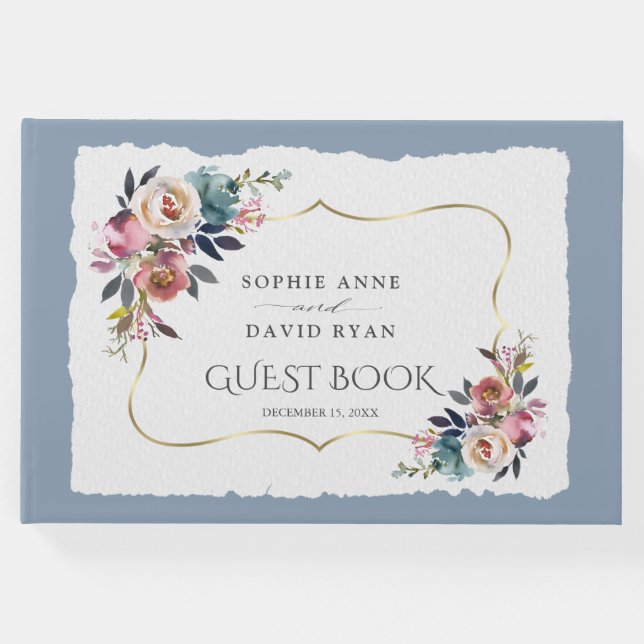 Modern Dammig blå disig rosa bröllop  Gästböcker (Framsida)