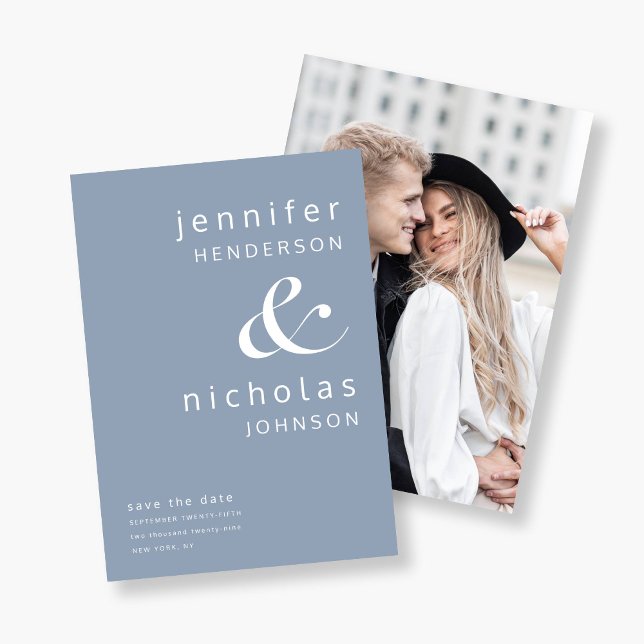 Modern dammig blå et-tecken foto spara datumet (Modern Dusty Blue Ampersand Photo Save The Date)