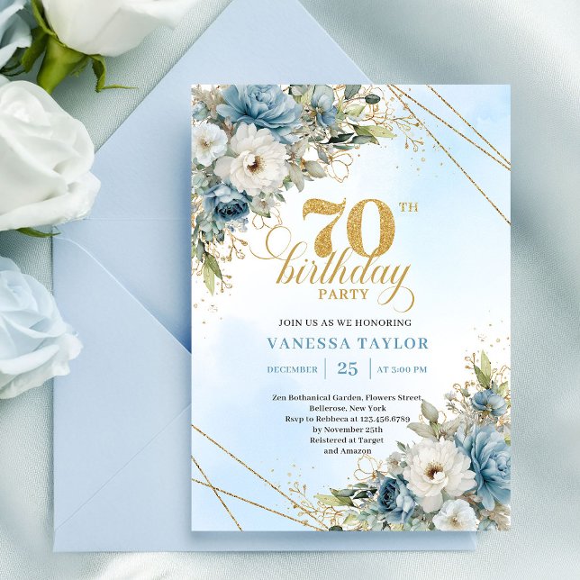 Modern dammig blå eukalyptus guld 70-årsdag   inbjudningar (Modern dusty blue eucalyptus gold 70th birthday invite

)