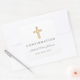 Modern Dammig Blå Religiös Kors Pojke Konfirmation Fyrkantigt Klistermärke