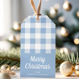 Modern dammig blå rutig God Jul Presentetikett
