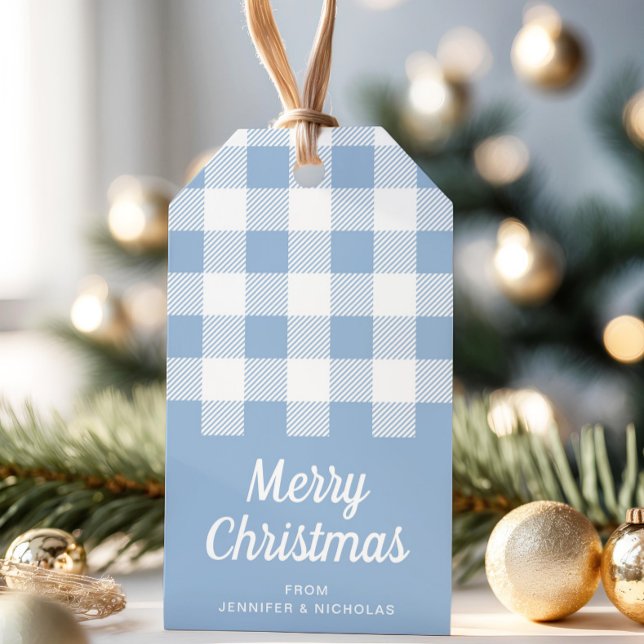 Modern dammig blå rutig God Jul Presentetikett (Modern Dusty Blue Plaid Merry Christmas Gift Tags)