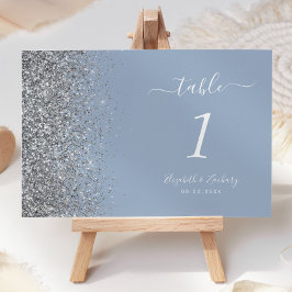 Modern Dammig Blå Silver Glitter Kant Bröllop Bordsnummer