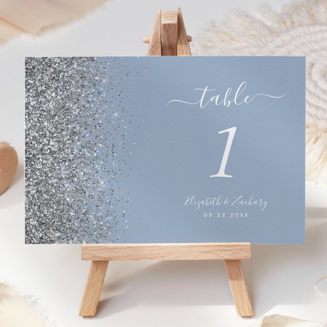 Modern Dammig Blå Silver Glitter Kant Bröllop Bordsnummer (Skapare uppladdad)