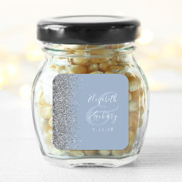 Modern Dammig Blå Silver Glitter Kant Bröllop Fyrkantigt Klistermärke