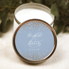 Modern Dammig Blå Silver Glitter Kant Bröllop Runt Klistermärke