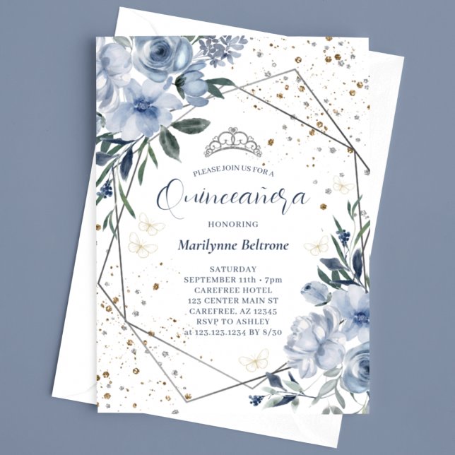 Modern Dammig Blå Silver Quinceañera Inbjudningar (Skapare uppladdad)