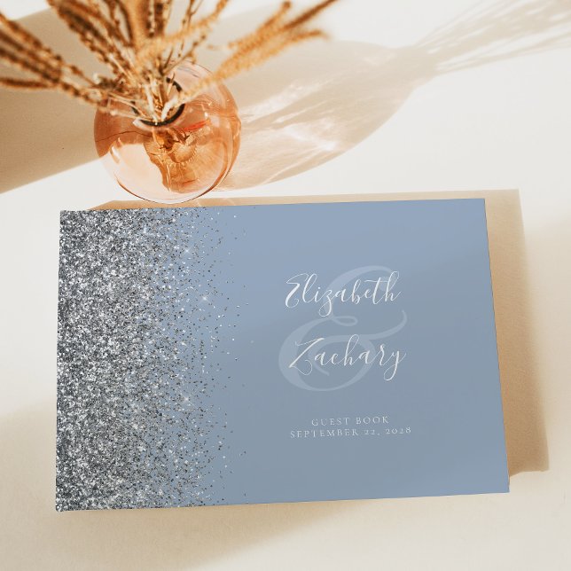 Modern dammig blå silverglitter skrift gästböcker (Skapare uppladdad)