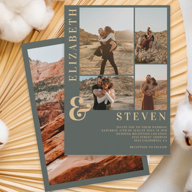 Modern dammig grönt ampersand 5 fotorutnät bröllop inbjudningar (Skapare uppladdad)