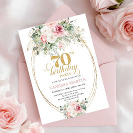 Modern dammig rosa blommig guld 70-års födelsedags inbjudningar