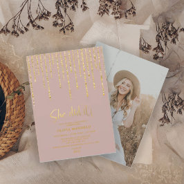 Modern dammig rosa guld glitter examensfest foto inbjudningar