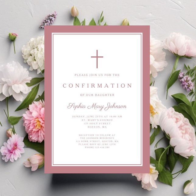Modern dammig rosa kors flicka konfirmation inbjudningar (Modern Dusty Pink Cross Girl Confirmation Invitation)
