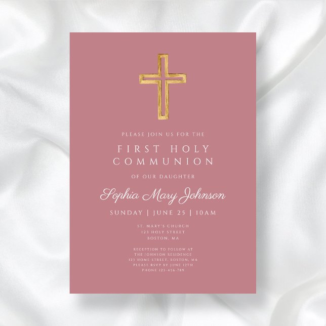 Modern Dammig Rosa Religiös Flickas Första Kommuni Inbjudningar (Modern Dusty Pink Religious Girl First Communion Invitation)