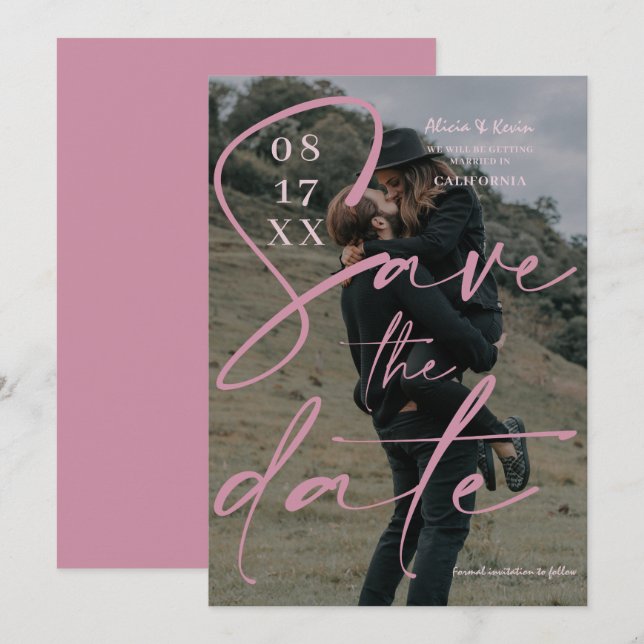 Modern dammig rosa-skript sparar datumfoto spara datumet (Fram/baksida)