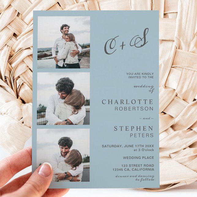 Modern dammiga blå avslappnad initialer-foto bröll inbjudningar (Skapare uppladdad)