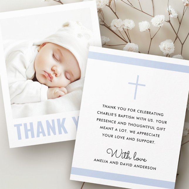 Modern dammiga blå, vit baptism, döpfoto tack kort (Modern dusty blue white baptism christening photo thank you card
)