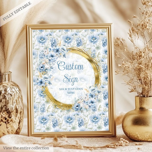 Modern dammiga blåfärgade blommor guld anpassnings poster (Modern dusty blue watercolor flowers gold custom Poster)