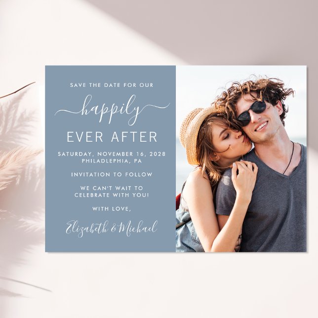 Modern dammigt blå bröllopsfoto spara datumet (A chic happily ever after photo save the date announcement card)