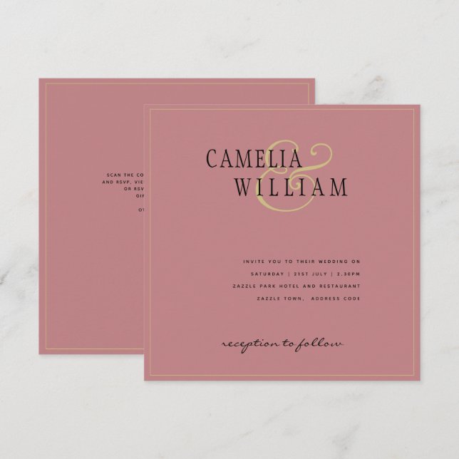 Modern dammrosa rosa bröllopsinbjudan (Fram/baksida)