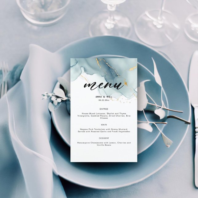 Modern Dammsnig Blå Elegant Enkel Strandbröllop  (dusty blue gold modern beach wedding menu romantic bohemian classy)