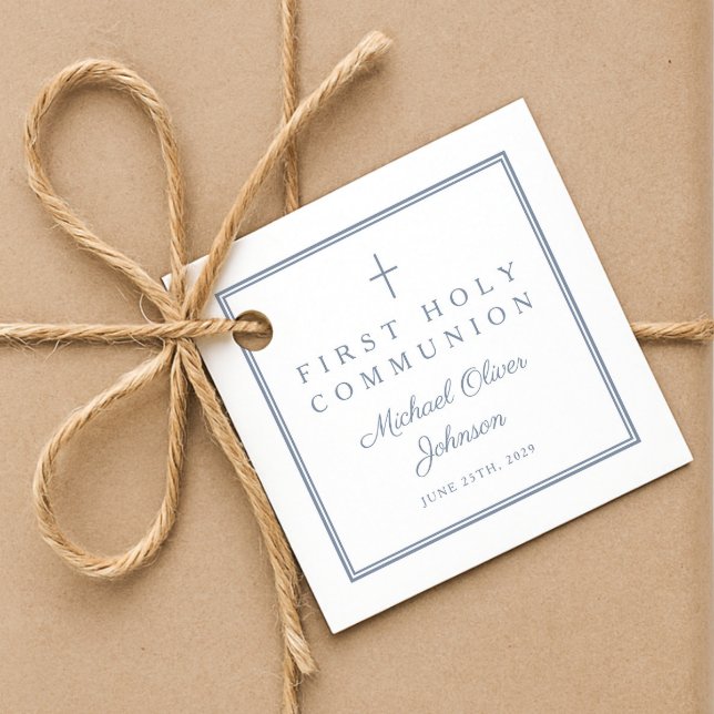 Modern Dammt Blå Tacksam Pojke Första Nattvarden Gåvor Etiketter (Modern Dusty Blue Thank You Boy First Communion Favor Tags)