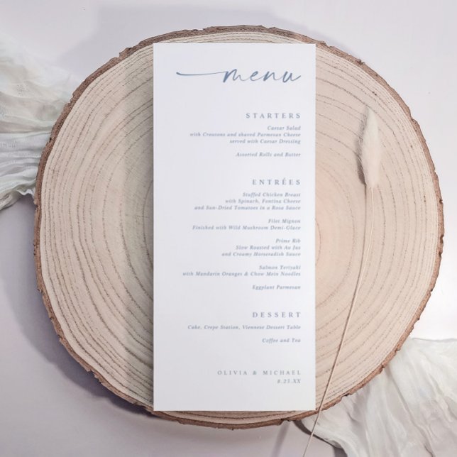Modern Dammtor Blue Minimalist Handskriven Bröllop Meny (Elegant wedding menu with dusty blue handwritten calligraphy and minimalist modern layout.)