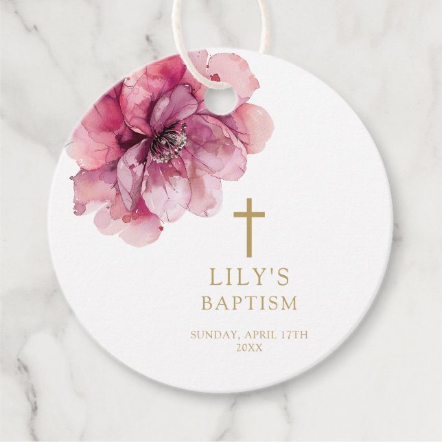 Modern Damrosa Vattenfärg Blommig Dop Gåvor Etiketter (Framsida)