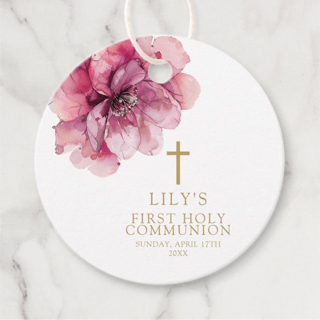 Modern Damrosa Vattenfärg Blommig Nattvard Gåvor Etiketter (Framsida)