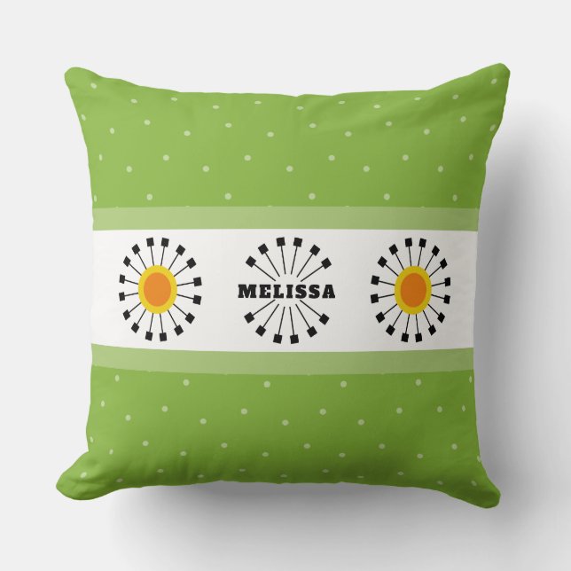 Modern Dandelion Grönt Gult Monogram Namn Kudde (Framsida)