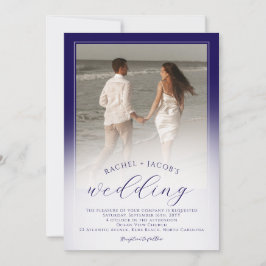 Modern Dark Blue Ombre 2-Photo Wedding Inbjudningar