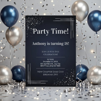 Modern Dark Blue & Silver 18th Birthday Invitation Inbjudningar